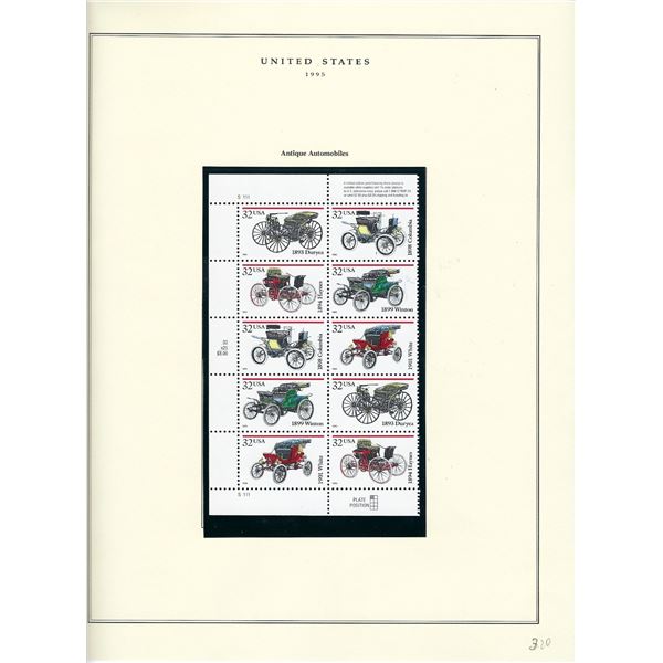1995 US stamp collector sheet featuring Antique Automobiles stamps