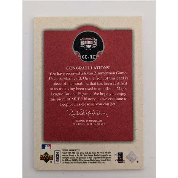 Ryan Zimmerman Baseball Trading Card with Game Used Jersey Swatch - Upper Deck UD Masterpieces #CC-R