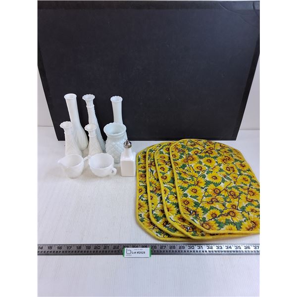 (9) Milk Glass Containers, Set of 4 Sunflower Placemats