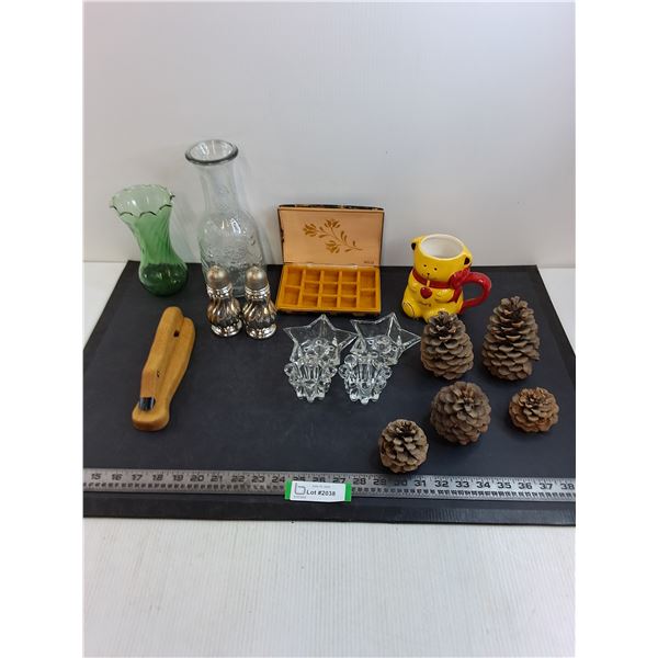 Assorted Vintage Items (Jewelry Box, Door Knocker, Candle Holders)