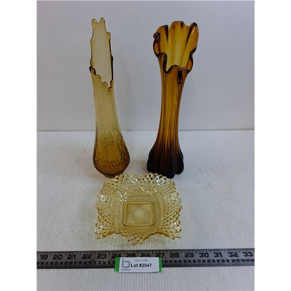 (3) Vintage Amber Glass (Trinket Dish & Vases)