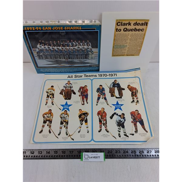 NHL Memorabilia (94 San Jose Sharks Team Picture, 1971 All-Star Teams, Wendel Clark Newspaper Clip)