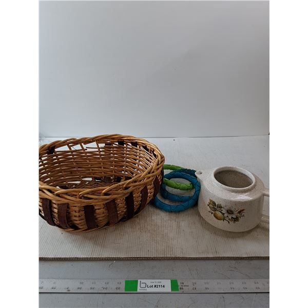 Wood Weave Basket Glass Pots  and Misc