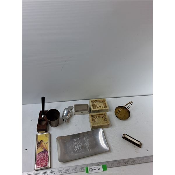 (4) Trinket Boxes, Metal Tray, Harmonica, Misc