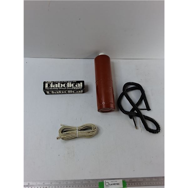Propane Tank, Diabolical Dice Game ,(2) Telephone Cords