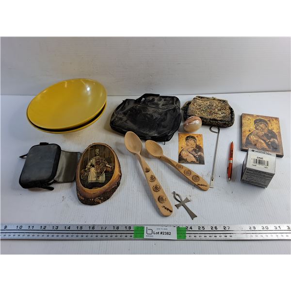 Plastic Bowls, Wooden Spoons, Wall Decor, Small Bag, Projection Lamp, Cross and Misc