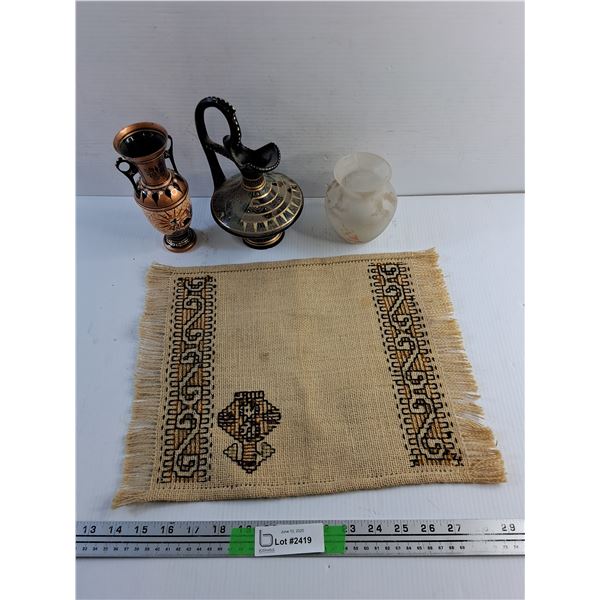 Decorative Vases, Pitcher, and Fabric Mat