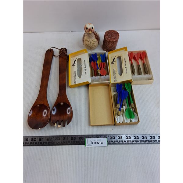 Assorted Throwing Darts, Salad Servers, Wax Bird, Granite Sample