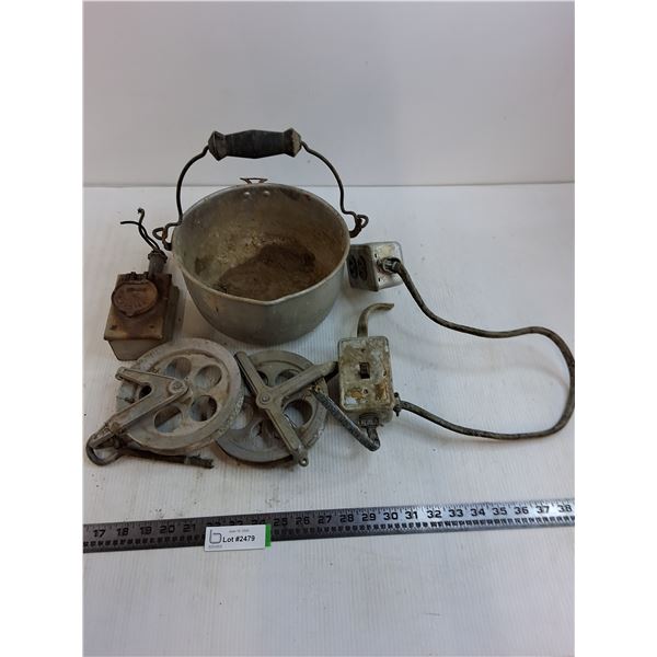 Old Electrical Boxes, Line Reels, Cook Pot - All As is - Pickup Preferred