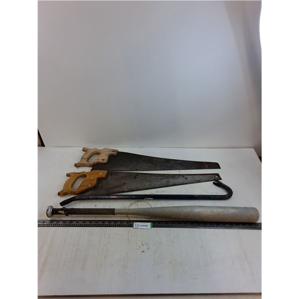 (2) Vintage 25" Hand Saws, 29" Pry Bar, Aluminum 33" Softball Bat