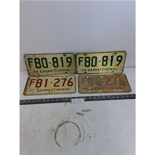 (2) Pairs of Saskatchewan License Plates (1974, 75)