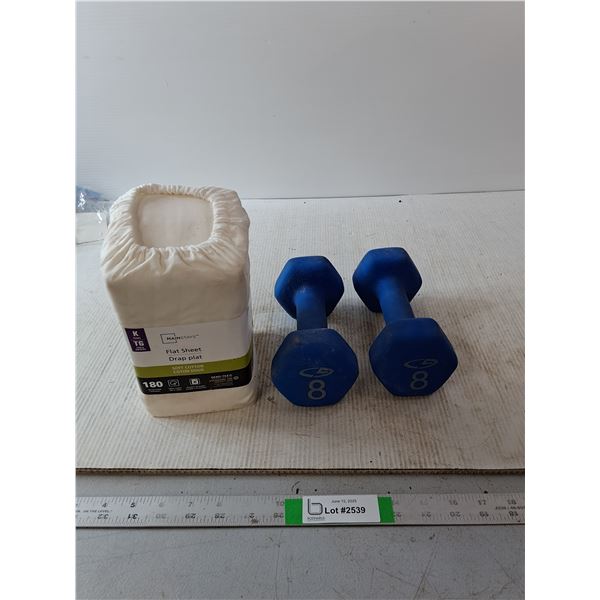 (2) 8 Lbs Dumbells, and Mainstay King Size Flat Sheet