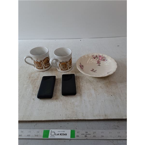 (2) Samsung Flip Phones (as is), (2) Mugs, Bowl