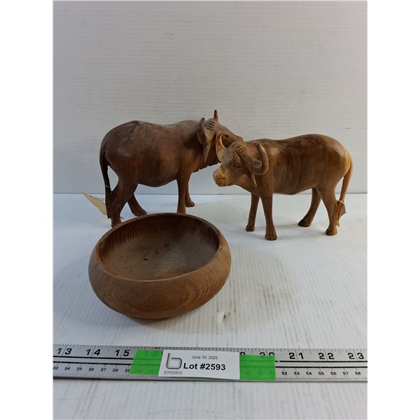 Carved Wood Buffalo and Wooden Bowl