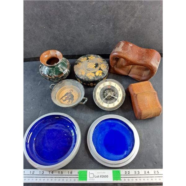 Greek Print Dish, Equity Clock, Ceramic Dishes and Wooden Decor