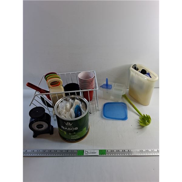 Kitchen Rack, Pasta Ladle, Ice Cream Mold, Kitchen Scale, Plastic Cutleries, Cups and Misc