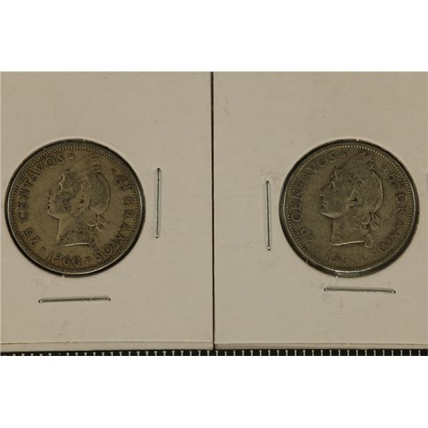 2 DOMINICA REPUBLIC SILVER 25 CENTAVOS: 1960 AND