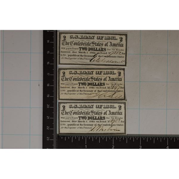 3 CONFEDERATE STATES BOND COUPONS FOR $2 EACH