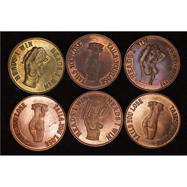 6-ADULT THEMED METAL FLIPPER TOKENS: HEADS I