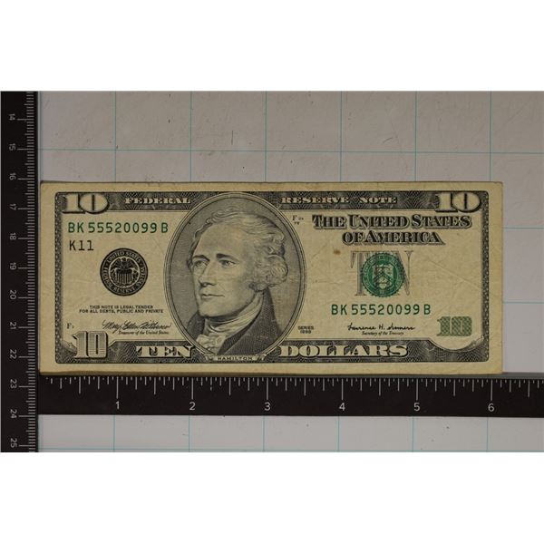 1999 US $10 FRN GREEN SEAL WITH NEATER SERIAL