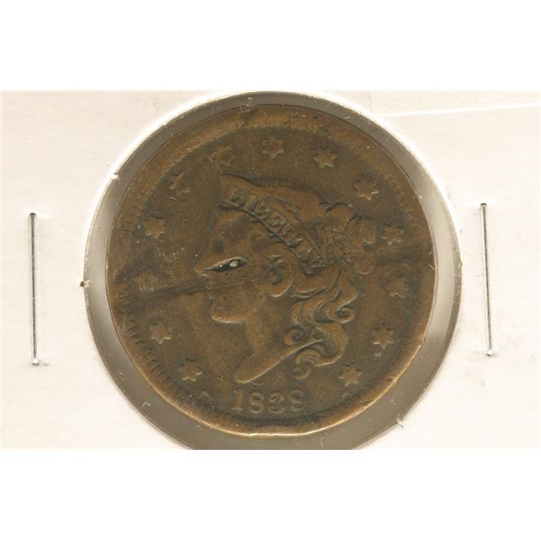1838 US LARGE CENT WITH DING MARK AND BIG SCRATCH