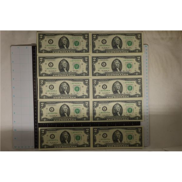 10-CU WITH CONSECUTIVE SERIAL #'S US $2 FRN'S