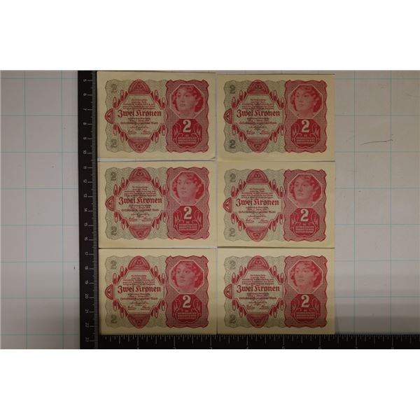 6-1922 AUSTRIA 2 KRONEN CRISP UNC BILLS
