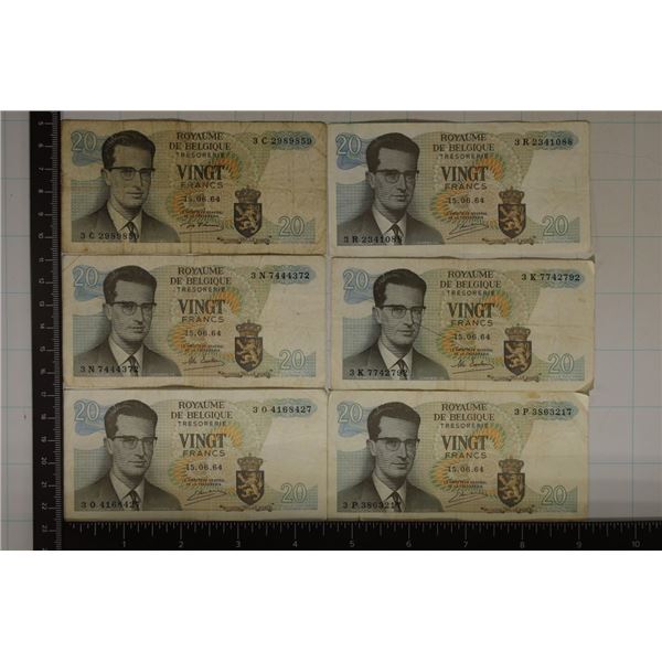 6-1964 BELGIUM 20 FRANCS SOME EDGE RIPS NOTED