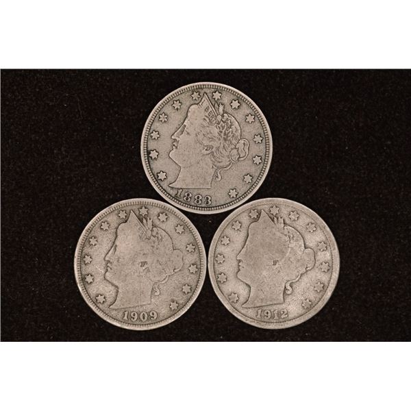 1883 NO CENTS, 1909 & 1912 LIBERTY "V" NICKELS