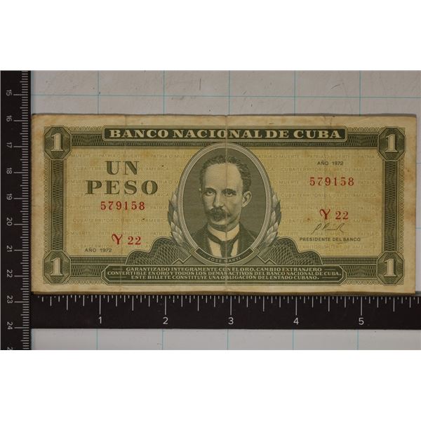 1972 BANK OF CUBA ONE PESO "JOSE MARTI"