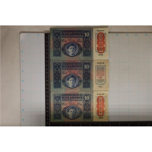 3-1915 AUSTRIAN 10 KRONEN BILLS: 1 HAS CORNER