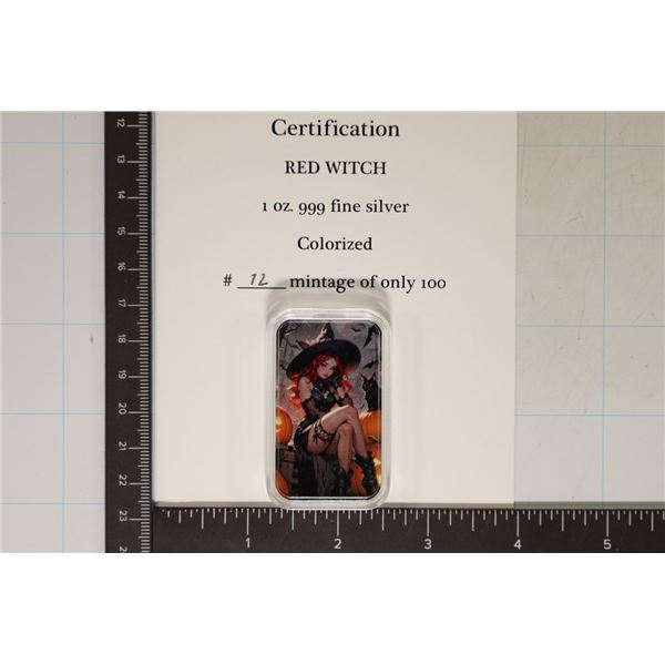 1 TROY OZ .999 FINE SILVER "RED WITCH" ART BAR