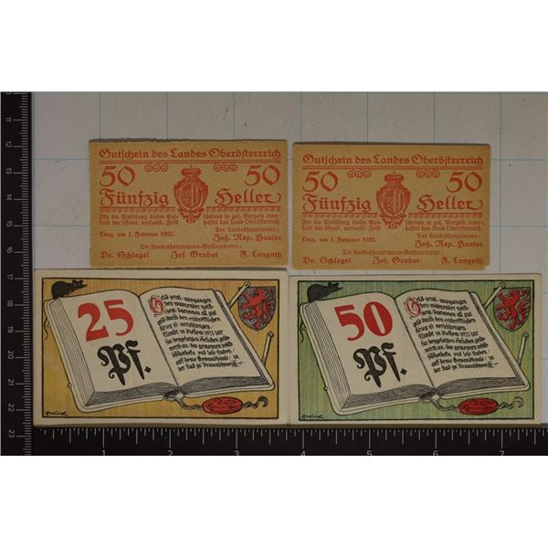 4 GERMAN NOTGELD NOTES. 2-50 HELLERS, 1-50