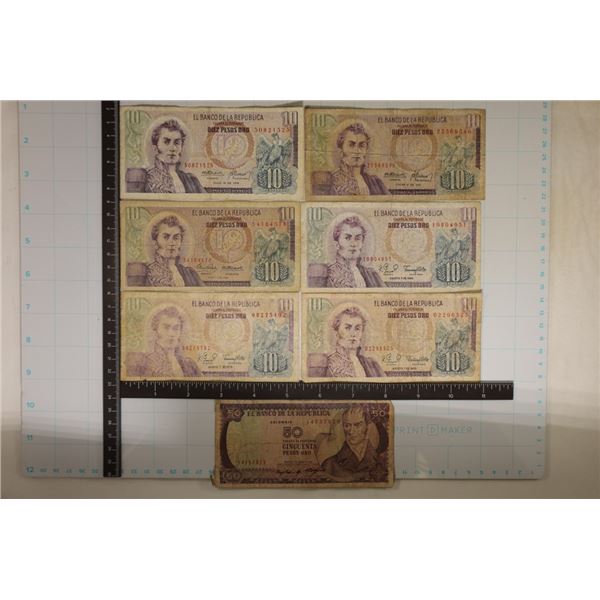 7-COLUMBIA BILLS: 6-10 PESO AND 1-50 PESO.