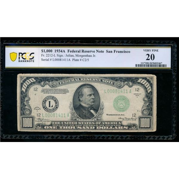 1934A $1000 San Francisco FRN PCGS 20