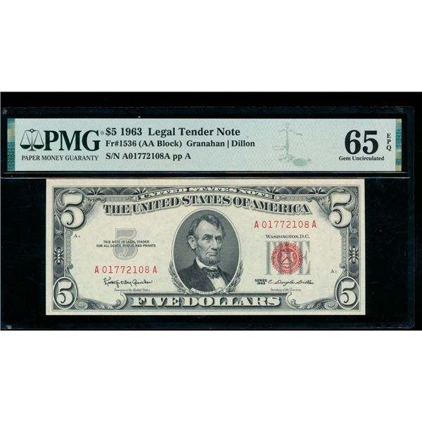 1963 $5 Legal Tender Note PMG 65EPQ