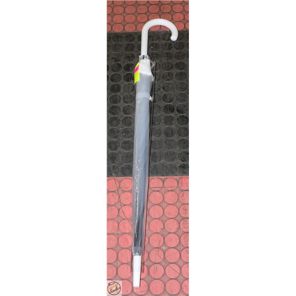 BRAND NEW CLEAR PLASTIC UMBRELLA WITH WHITE HANDLE