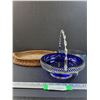 Image 1 : Cobalt Blue Dish in Stainless Steel Basket, Wicker Basket, Clear Blue Serving Bowl