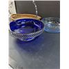 Image 2 : Cobalt Blue Dish in Stainless Steel Basket, Wicker Basket, Clear Blue Serving Bowl