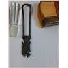 Image 3 : Lot: Brass Bell, Knife Guide, Wood Low Rider Car, Metal Wagon, Misc