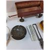 Image 4 : Lot: Brass Bell, Knife Guide, Wood Low Rider Car, Metal Wagon, Misc