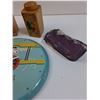 Image 2 : Lot: Rooster Salt & Pepper Shakers, Snoopy Clock (As Is, Needs Hands) Miners Guild Plaque, Purple Si