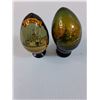 Image 2 : (2) Vintage Russian Hand Painted Wooden Eggs & Stands