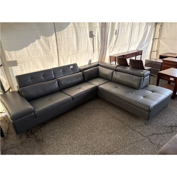 Rachael Gray Leather Sectional Sofa with Adjustable Headrests and Chaise Lounge