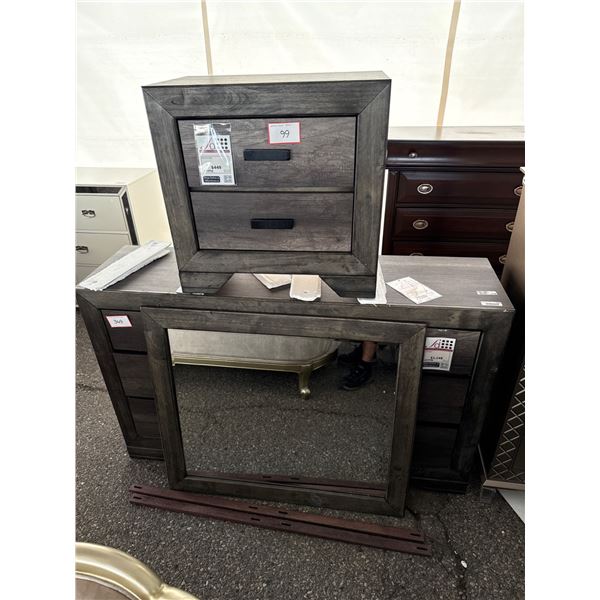 Three-Piece Rustic Wood Bedroom Furniture Set With Mirror, night stand and Dresser