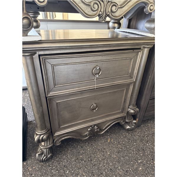 Two-Drawer Silver Nightstand with Ornamental Detailing