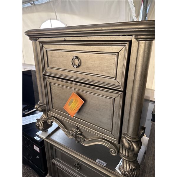 Two-Drawer Silver Nightstand with Ornamental Detailing