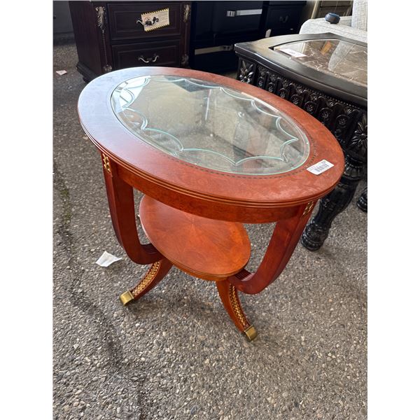 Oval Glass-Top Wooden Side Table with Lower Shelf