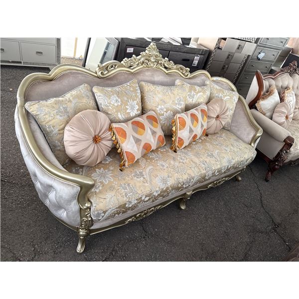 Gold-Toned Ornate Sofa with Cushions and Upholstered Velvet Accents, wood trim and accent pillows