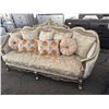 Image 2 : Gold-Toned Ornate Sofa with Cushions and Upholstered Velvet Accents, wood trim and accent pillows